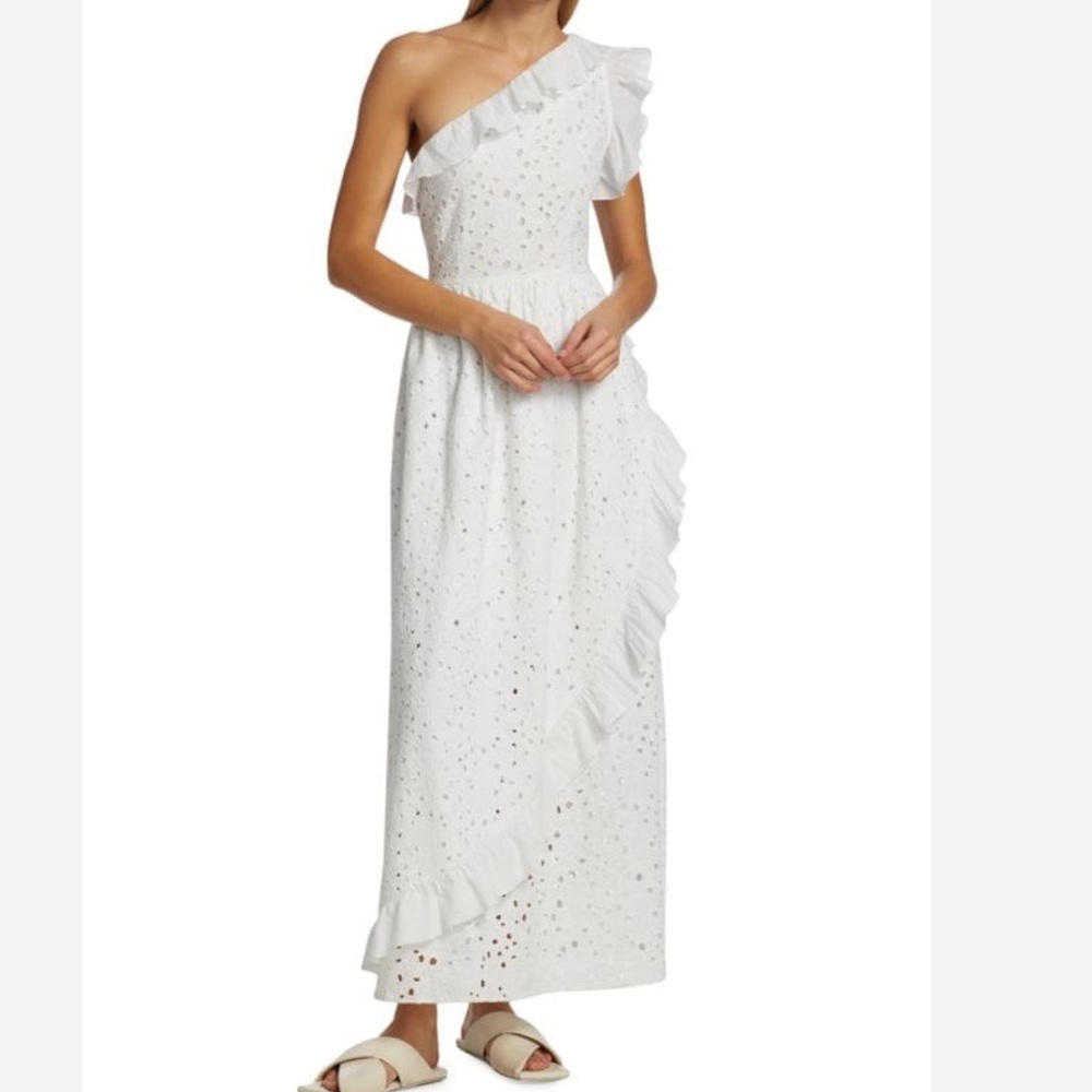 Batsheva Jude Maxi Dress Size 0 Boho One Shoulder Ruffle White Broderie Anglaise